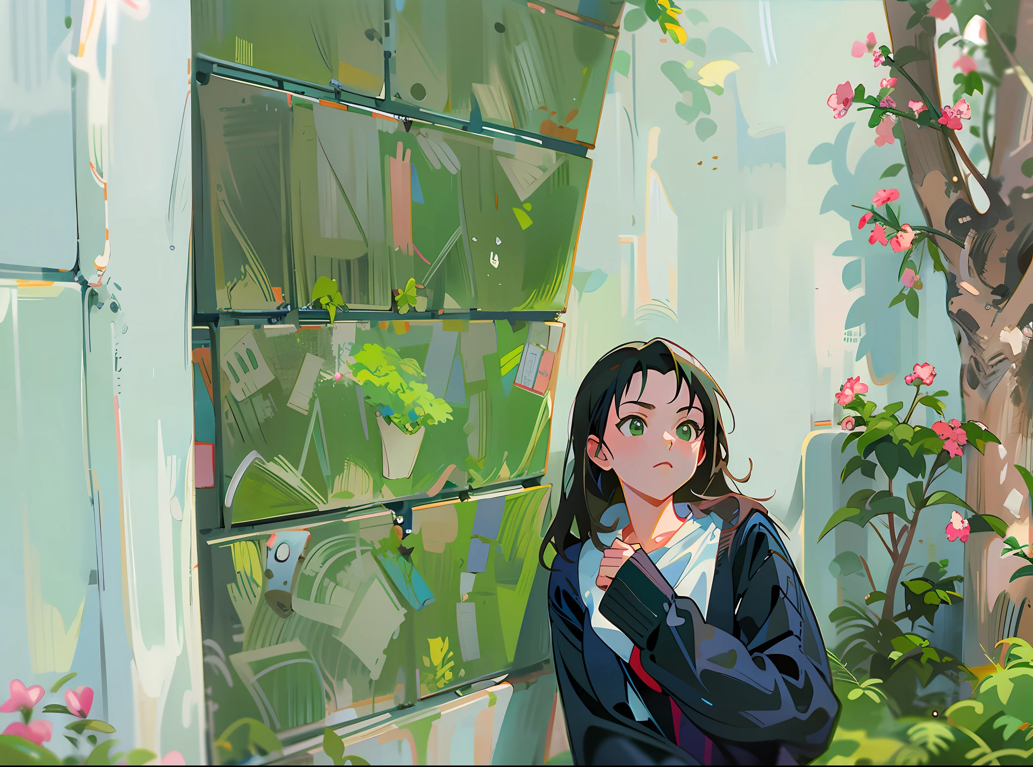 there is a woman that is standing in front of a wall，Place one hand on your chin, made with anime painter studio, drawn in anime painter studio, Guviz-style artwork, in an anime style, anime realism style, Digital anime illustration, In anime style, in the style of makoto shinkai, urban girl fanart, High-quality fanart