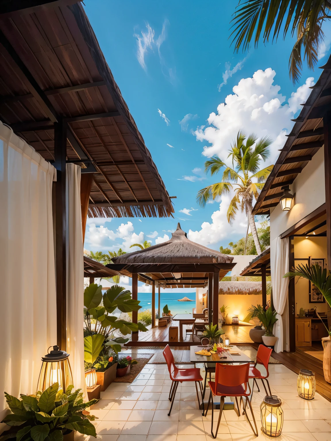 Tucked into a sunny corner of the villa's courtyard, the burger stall's thatched roof provides shade while allowing the warm sea breeze to pass through. The counter is made from a raw teakwood slab worn smooth.

Behind it, a chatty cook flips locally-sourced beef patties on a sizzling volcanic stone grill, infusing the air with mouthwatering aromas. Bright red stools made from repurposed glass buoys invite guests to sit and customize their orders.

Tropical garnishes like grilled pineapple, guava chutney, and chili mango salsa add delightful flavors. A handwritten chalkboard menu lists tropical milkshake options like coconut and hibiscus.

Palm trees sway overhead as conversations and laughter mix with the sound of sizzling burgers and crashing waves in the distance. The laidback burger stand exudes island vibes.