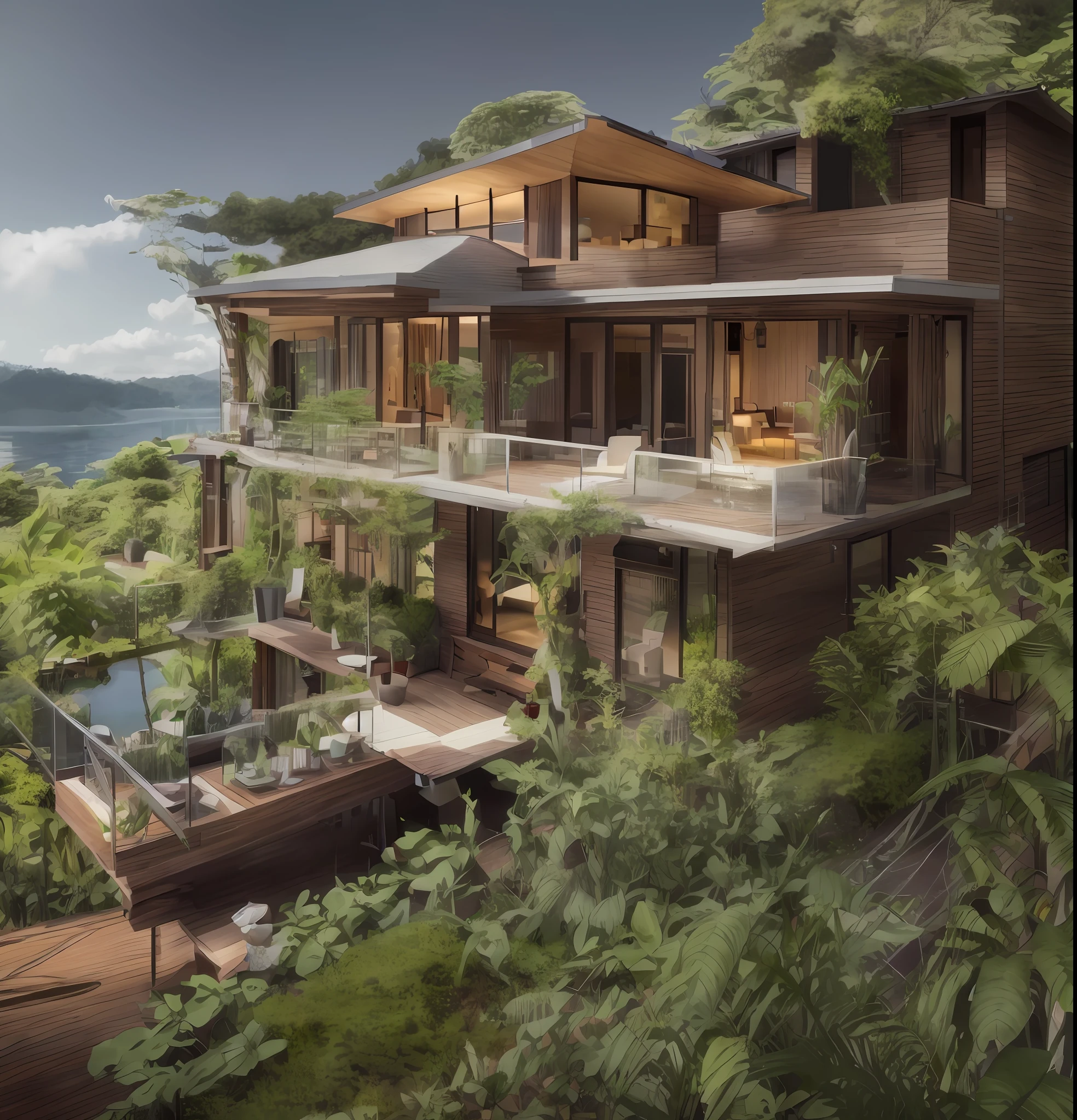 arafed house with a balcony and a balcony overlooking a lake, mountainous jungle setting, peaceful wooden mansion, award-winning render, natural realistic render, jungle setting, build in a forest near of a lake, rendered in corona, an award winning digital render, 8 k landscape render, house in forest, beautiful house on a forest path, malaysia jungle, stunning render