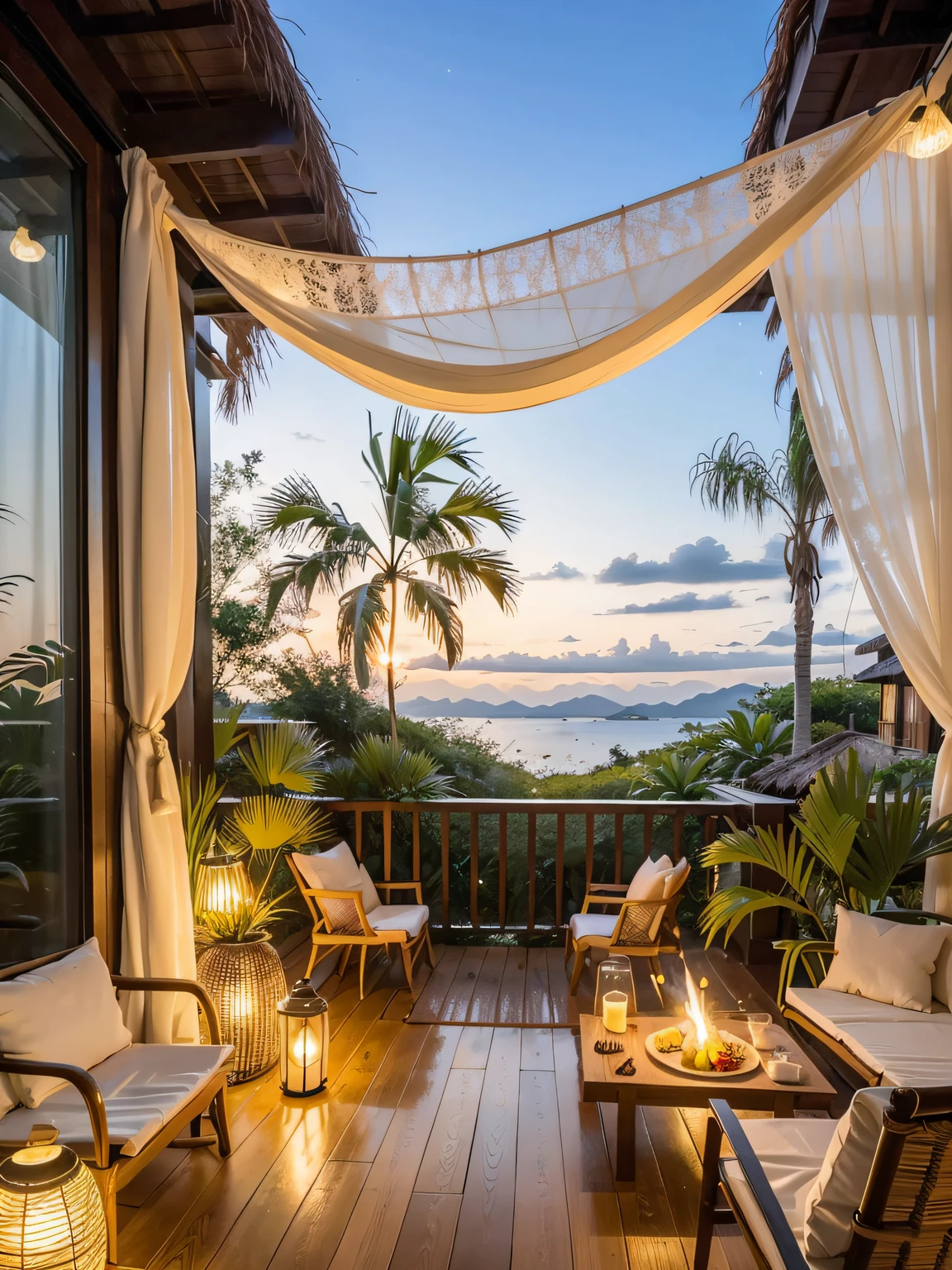 Alors que le soleil descend bas à l&#39;horizon, le bar à cocktails de la villa prend vie. Installé dans un pavillon au toit de chaume, le bar au sommet en zinc présente des fleurs séchées suspendues et des tabourets en herbe tressée. Un barman en chemise à fleurs secoue habilement des cocktails tropicaux, garni d&#39;herbes fraîches et d&#39;orchidées comestibles du jardin.

Proche, les lanternes en fer s&#39;allument, projetant une lueur chaleureuse alors que le refrain nocturne de la jungle commence. Les invités s&#39;enfoncent dans des chaises longues en rotin tout en sirotant des boissons comme des mojitos à la mangue, Martini au litchi, et caipirinhas aux fruits de la passion. La musique entraînante des îles joue doucement en arrière-plan.

La scène donne un aperçu du coucher de soleil qui s&#39;estompe à travers les palmiers qui se balancent.. Les bougies à la citronnelle éloignent les insectes du soir tandis que des guirlandes lumineuses illuminent le bar dans le contexte sombre de la villa., extérieur en bois texturé. C&#39;est un endroit animé mais paisible pour se détendre et trinquer à la fin d&#39;une autre journée au paradis..