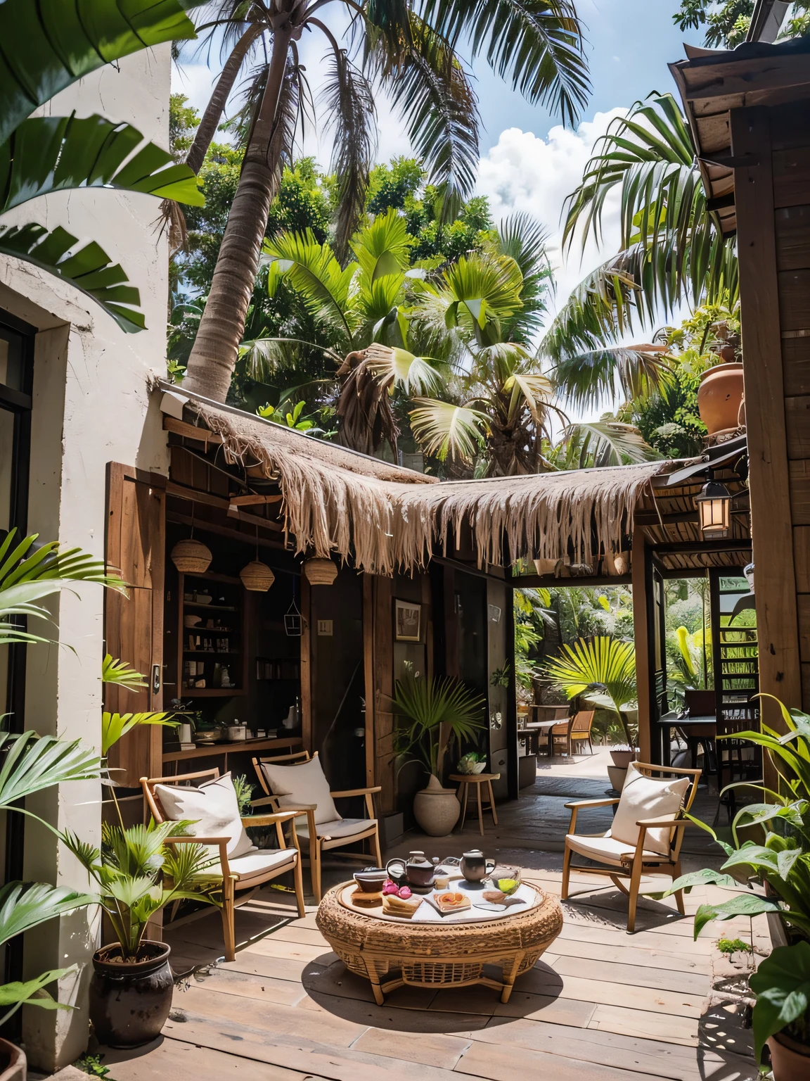 Tucked into the corner of the open-air villa, the artisanal coffee bar invites you to linger and enjoy the jungle views. A carved teakwood counter holds a sleek espresso machine, local fair trade coffee beans displayed in rattan baskets beside handmade ceramic mugs.

The stools are woven from banana leaf fibers, pairing nicely with the neutral linen cushions. Orchids and air plants in hanging macrame holders add gentle greenery overhead. A chalkboard menu lists coffee drinks like coconut milk lattes and hibiscus tea featuring herbs from the garden.

At the amaretto mocha's first sip, one can taste the freshness of the beans grown just miles away. As colorful birds flit by, you can breathe in the luxuriant aroma while watching the morning mist dissipate over the rainforest canopy stretching to the horizon. The coffee bar provides a perfect perch for slowly embracing the day.