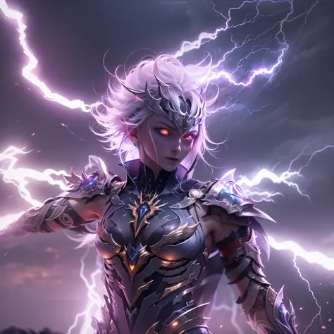 raiden zeus - maiden, silver emanation, lightning and lightning surround the body, lightning storm, lightning glowing eyes, ther...