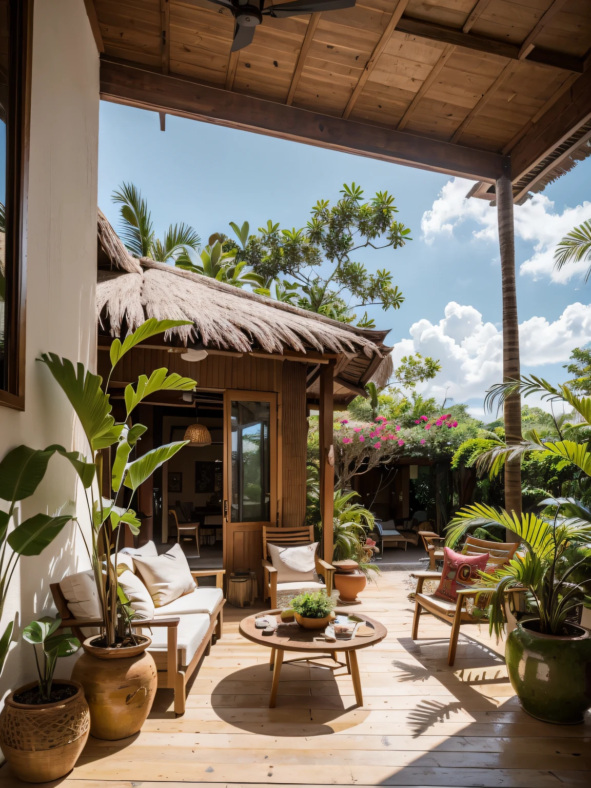 The living room of the jungle resort villa is abundant with vibrant tropical botanicals. Vines of purple bougainvillea cascade down the raw wooden beams crossing the vaulted ceiling. Bright orange Birds of Paradise stand in woven banana bark planters, adding pops of color beside the oversized rattan sofa piled with embroidered pillows.

Sprays of delicate white orchids emerge from lava rock walls, filling the air with sweet fragrance. Lush ferns sway gently in hanging coco fiber planters near glass doors that open to a balcony overlooking towering jungle trees. The rustic wood coffee table displays a colorful arrangement of heliconia and anthurium picked fresh from the garden. Thriving plants breathe life into the casually elegant space, blurring the line between interior comfort and exterior tropical beauty.