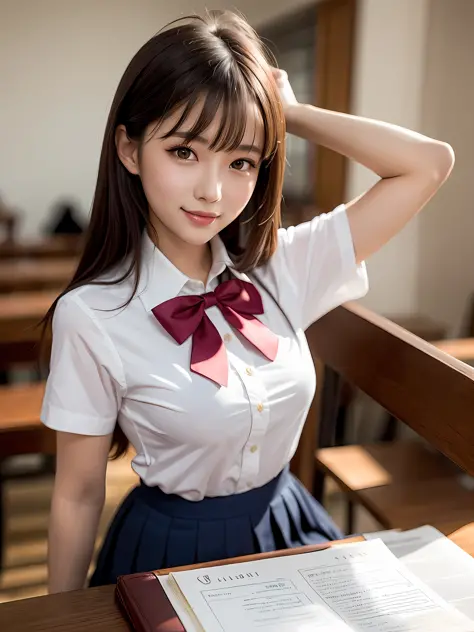 masterpiece, 1girl in 1photo, upper body shot, front view, young pretty girl in Japan, 18 years old, studying in a library of a ...