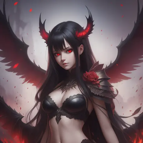 Realistic, (Masterpiece, Top Quality, Best Quality, Official Art, Beautiful and Aesthetic: 1.2), Very Detailed, a demon girl, black hair, red eyes, hell background