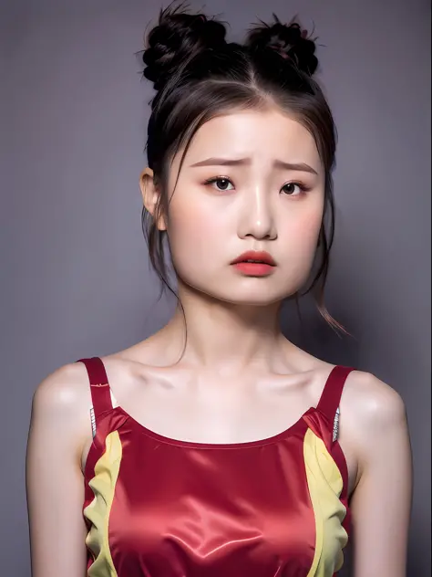 （best qualtiy, tmasterpiece：1.2）, ID photo of a 16-year-old Chinese girl, sportrait, camisole，Pure cotton，greybackground, surrealism, hyper HD, Textured skin, High details，Face the lens，