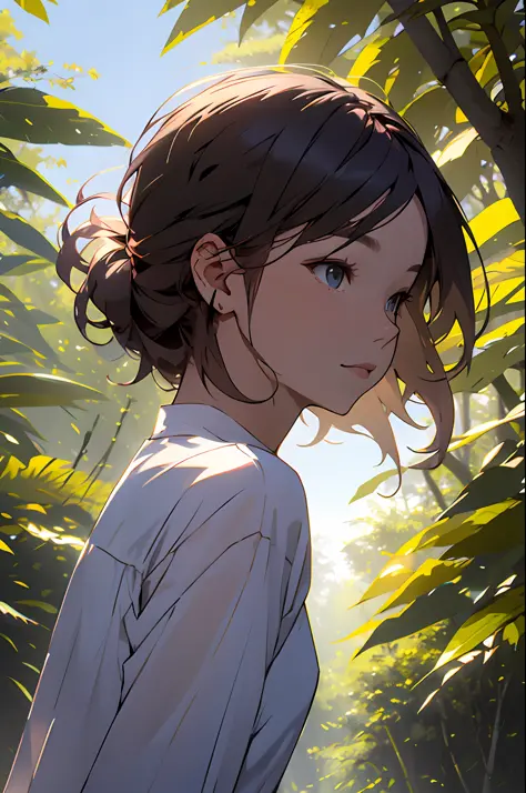 Girl in the forest and sunshine, shorth hair, Nice hairstyle