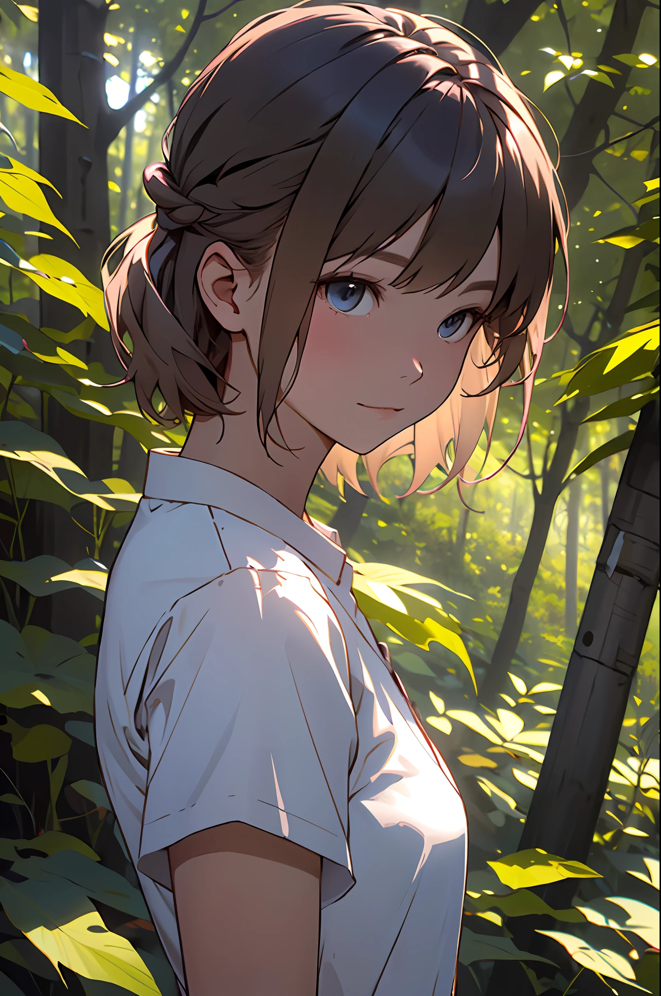 Fille dans la forêt et le soleil, cheveux courts, Belle coupe de cheveux