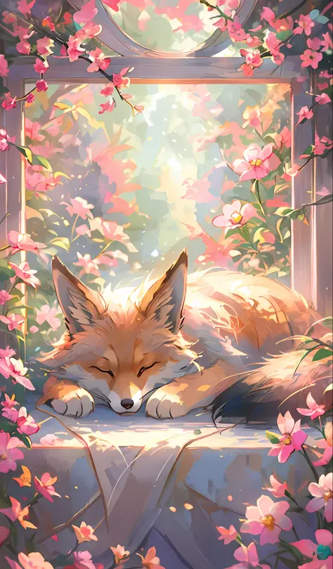 there is a fox sleeping on a window sill in a garden, ethereal fox, very very beautiful furry art, cute fox, fantasy fox love, b...
