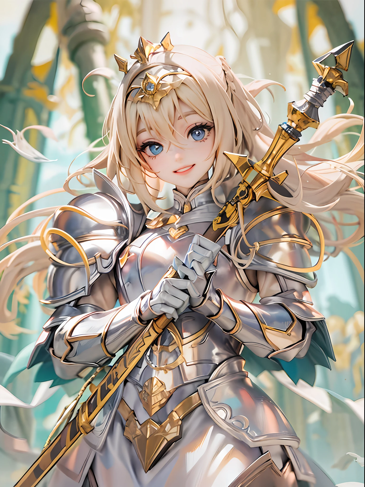 1fille, bel œil, sourire, perle blanche, or, chevalier, determined and hopeful sourire, perle blanche and or decorated armor, armure brillante de symboles sacrés, blond blé, cheveux longs et raides, longueur du dos, yeux bleus profonds de l&#39;océan, levant l&#39;épée haut et regardant vers le ciel, temple antique flottant dans le ciel,