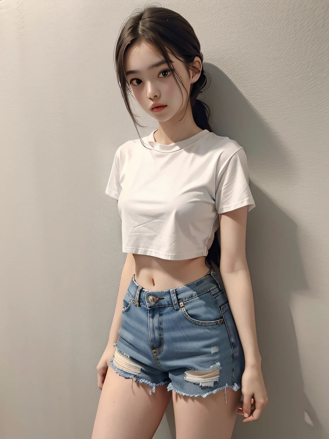 A Woman In A White Shirt And Denim Shorts Posing For A Picture - Seaart Ai