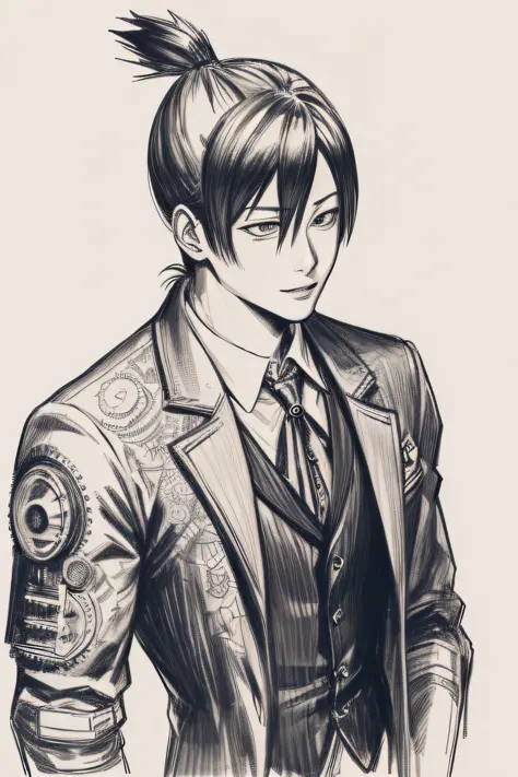 A captivating monochrome pencil sketch capturing the resolute Aki Hayakawa from the manga series Chainsaw Man, depicted in a det...