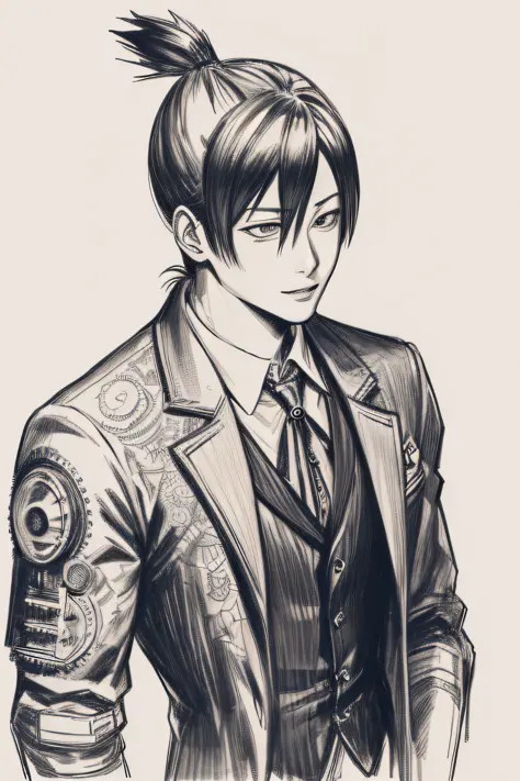 a captivating monochrome pencil sketch capturing the resolute aki hayakawa from the manga series chainsaw man, depicted in a det...