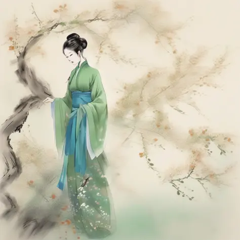 (hanfu),(chinese clothes),((floral print)),((green magnificent print long sleeves)),((blue print see-through dress)),shukezouma, negative space, shuimobysim , portrait of a woman standing , willow branches, (masterpiece, best quality:1.2), traditional chin...