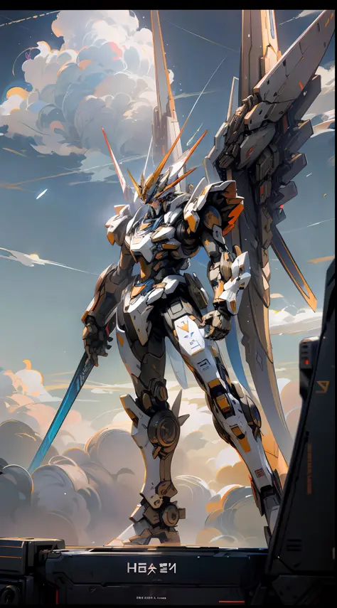 Skysky， ​​clouds， Holding_arma， No_Humanity， droid， build， mechs， Science_fiction， 城市， Realistis， mechs， Red part， Yellow part， mech wings， robot wings ，Virtual engine rendering Saint Seiya，Barbatos Gundam，greek god in mecha style，there are warships in the...