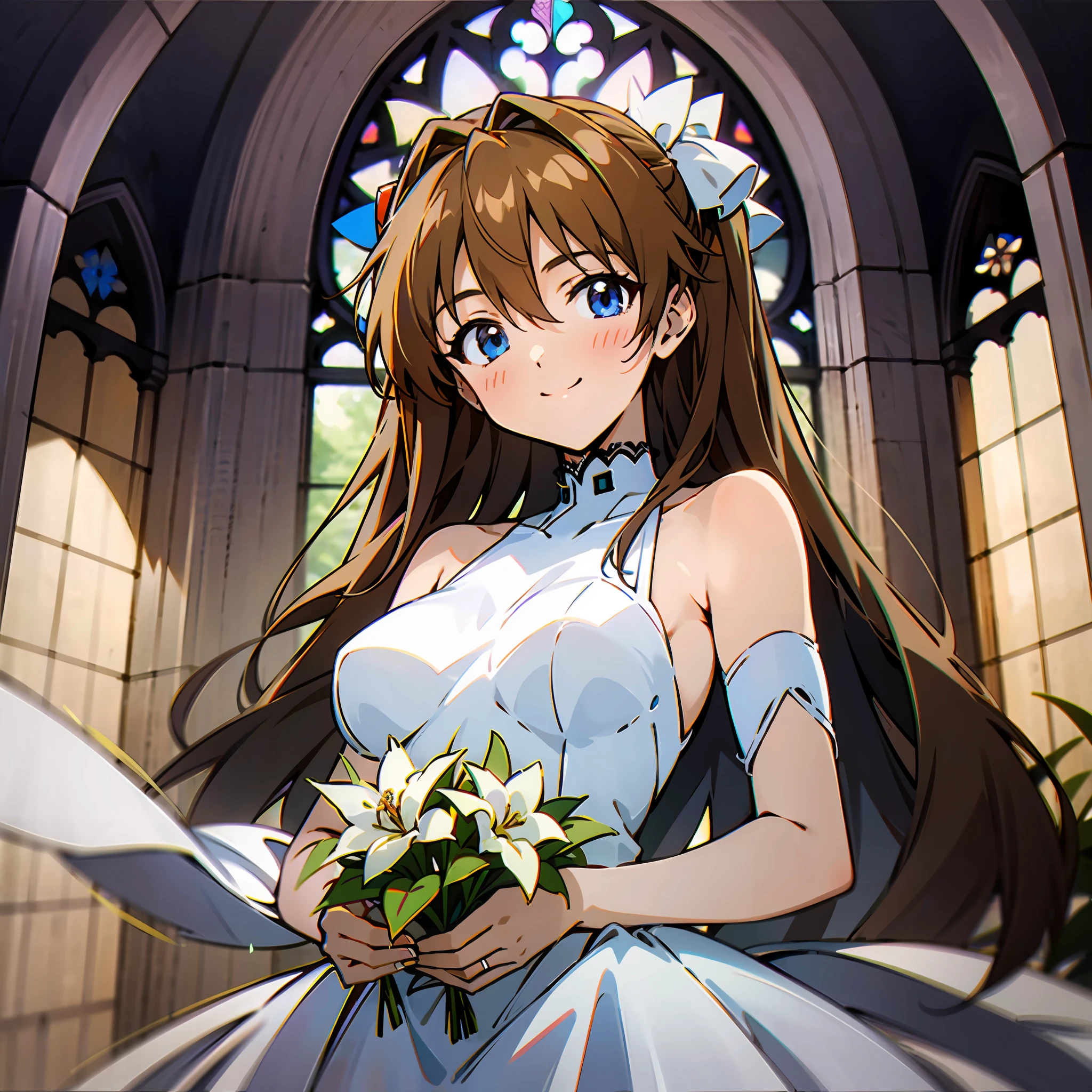 明日香，Hyper-Resolution，fresh flowers，Holding flowers，A Gothic Church:0.8，rays of sunshine，lots of brightness，Warm color 1.2，The camera is located below the character，Wedding dress 0.6，facing at camera，blue color eyes，Small eyes，ssmile，1个Giant Breast Girl，In front of the window，Wearing a plain white wedding dress，lace decorations，face to the viewer，Long brown hair，figure，standing on your feet，inside in room，light and shadow effect，