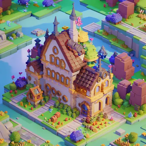 Game architectural design, cartoon, town, stone, brick, meadow, river, flowers, casual game style, 3d, blender, masterpiece, super detail, best quality