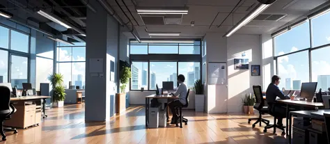 A lot of people are in the office，A lot of people are working，Computer, Sky outside the window，In the daytime，and the sun was shining brightly，In the office, artstation hq, working in an office, At the office, office backdrop, in a open-space working space...