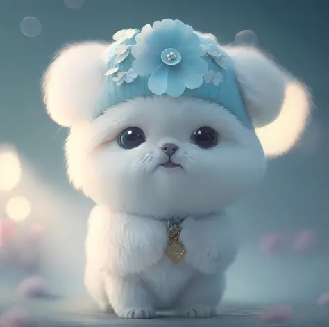 There is a white dog with a blue hat on his head, Cute detailed digital art, lovely digital painting, adorable digital art, cute detailed artwork, cute 3 d render, kawaii cute dog, Cute dog, cute artwork, Cute cartoon character, adorable creature, cute ani...