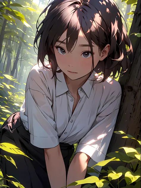 Girl in the forest and sunshine, (full bodyesbian), (((shorth hair))), Nice hairstyle