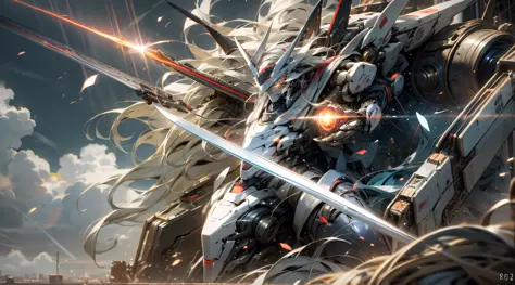 A beautiful game CG with Doomsday Theme A as the main body，hyper-detailing，This is a mech with a complex structure of light black and light white，Its hands held a thick heavy armored sword，Exudes a fiery red glow：1.2，The eyes emit a dazzling red light：0.8，...