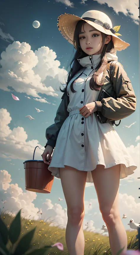 ，1 a white goose，skysky，clouds，outdoor activities，独奏，bucket-hat，hairy pubic，grassy，leafs，largeeyes，mostly cloudy sky，petals，stan...