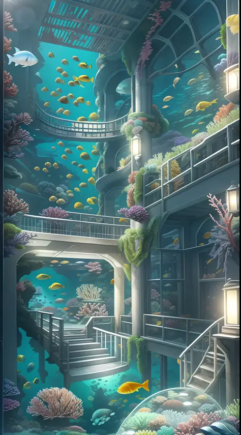 enhanced dynamic perspective，ocean floor、marine life、beautiful coral reef、the fish，huge ring-shaped underwater city，optic，works ...