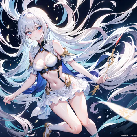 Works of masters，Best image quality，超高分辨率，Break XX，sorceress woman，long whitr hair，white colors，A patient expression，vacant eyes，blue colors，exposing her chest，The large，Erotic lingerie，lifting up skirt，Creampie，8K分辨率，Peerless beauty，Hair is depicted in de...
