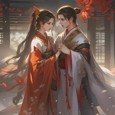 An ancient Chinese handsome boy and a beautiful girl, full body portrait, looking at each other, gentle eyes, clear facial featu...