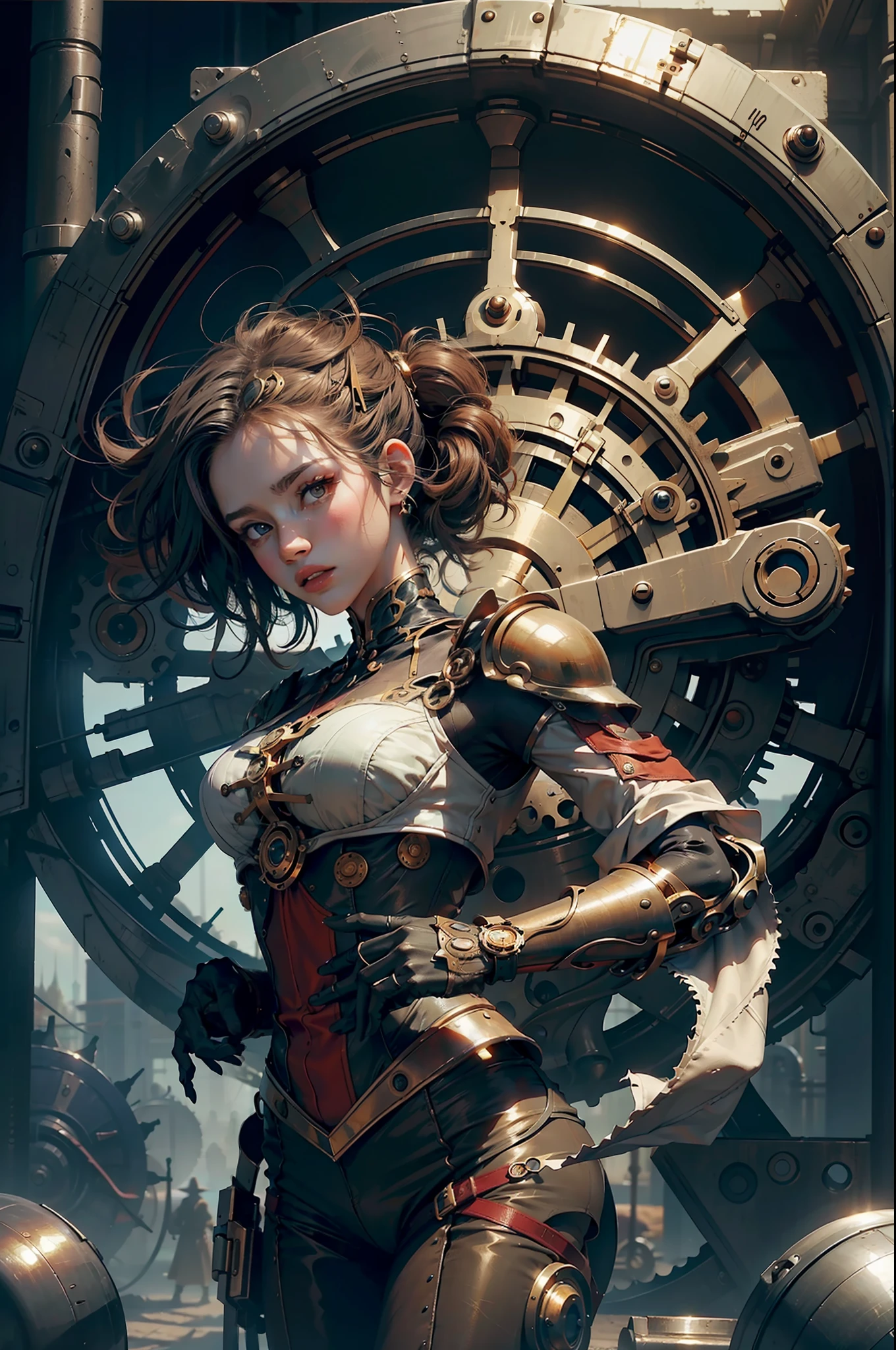 steampunc, ((masutepiece)), Best Quality, nffsw, retinas, ccurate, ((Anatomically correct)), Textured skin, Super Detail, high details, High quality, awardwinning, Best Quality, hight resolution, 8K, drop shadow, anaglyph, stereograms, Atmospheric perspective, surrealism, depth of fields, reflective light, Backlighting, outside border, move chart, out of frame, Dutch Angle, Dutch Angle, Cowboy Shot, 8K, Super Detail, ccurate, one girls, A dark-haired, length hair, bangss, Twin-tailed, red blush, longeyelashes, Solid Circle Eyes, ((Very shiny skin)), (juicy skin), Very shiny clothes, outside of house, Complex mechanical devices, Gigantic Cogwheel, Countless gears, Lots of plumbing, Steam ejection, Many instruments,actionpose