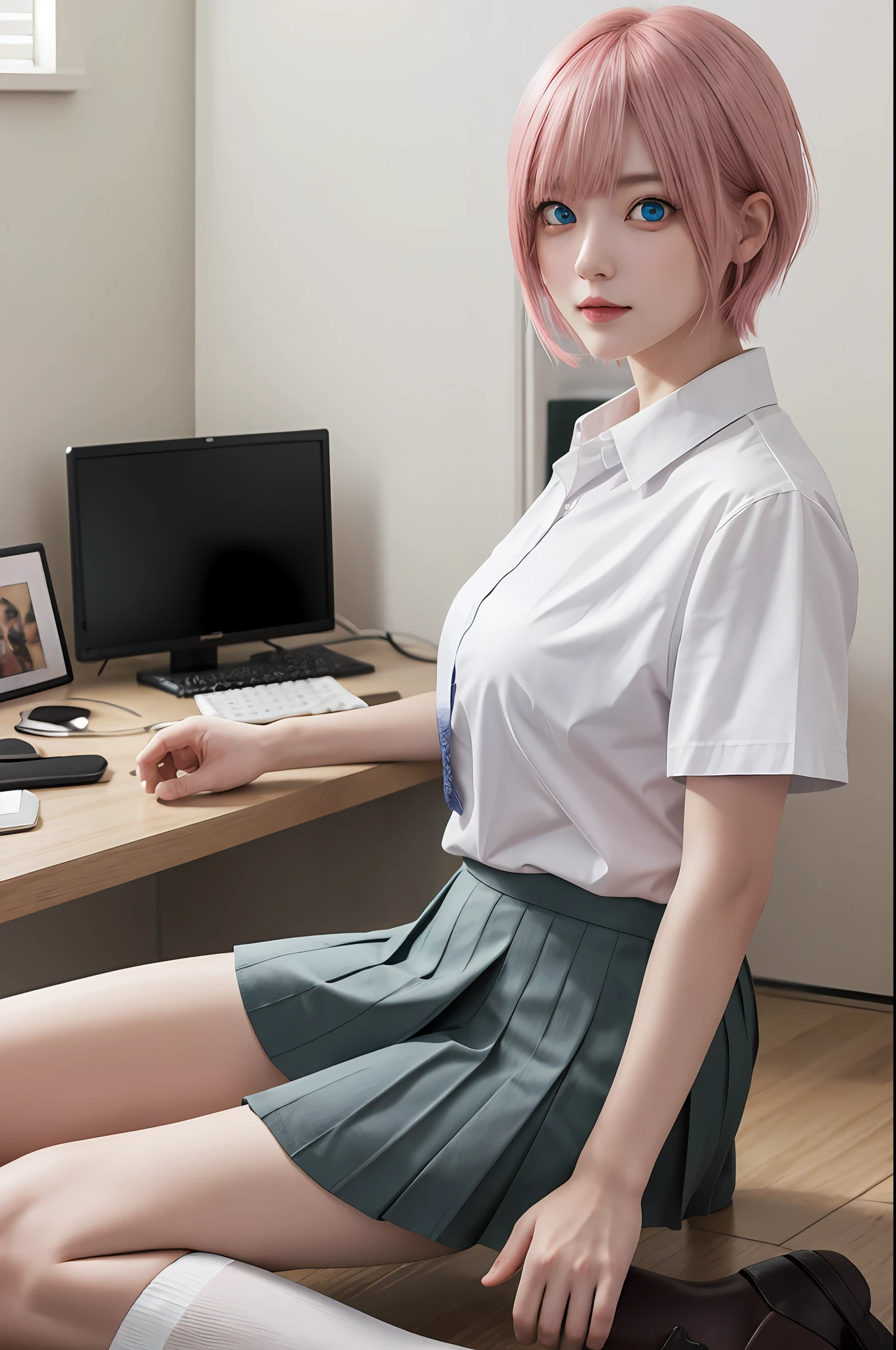 ichikanakano, ichika nakano, Short hair, Bangs, Blue eyes, hair between eye, Pink hair, BREAK skirt, Shirt, School uniform, White shirt, Short sleeves, Pleated skirt, shoes, sox, Collared shirt, Black footwear, Sweaters, White socks, Green skirt, lowfers, clothes around waist, Break indoors, crass room, BREAK looking at viewer, BREAK (masutepiece:1.2), Best Quality, High resolution, Unity 8k壁纸, (Illustration:0.8), (Beautiful detailed eyes:1.6), extra detailed face, Perfect Lighting, extremely details CG, (Perfect hands, Perfect Anatomy),Pink hair