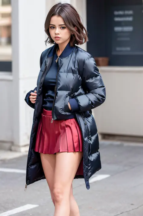 Selena Gomez, (wearing navy blue silk oversized_puffer_jacket:1.3),  sharp focus, handsome,plump legs, red silk skater pleated s...