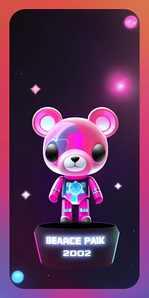 Cartoon bear with space background and text, bearbrick, as a full body funko pop!, pink iconic character, as a funko pop!, funko pop", year 2 0 4 0, 2 0 2 5 popstar comeback single, half robot half bear, glossy shiny reflective, holograph!!!, vinyl designe...