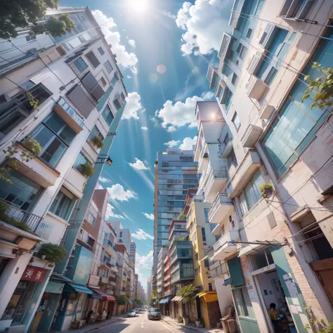 the street，夏天，with blue sky and white clouds，rays of sunshine，look up at the perspective