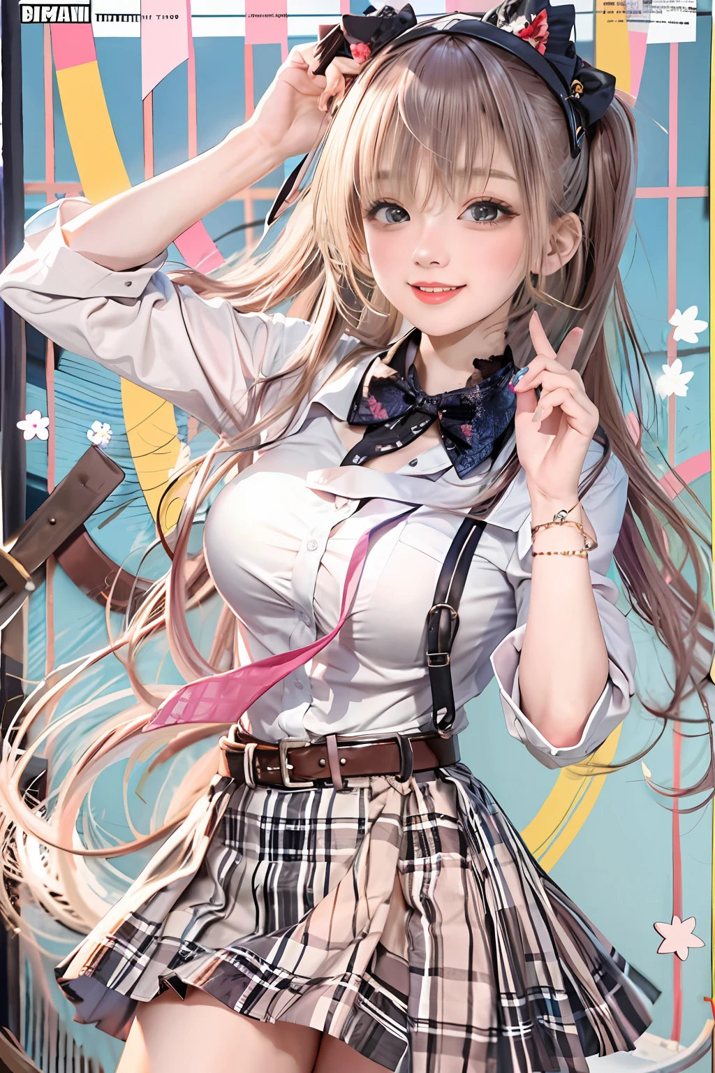 masterpiece, best quality, full body, 1girl, bangs, black choker, black necktie, black hair, blue skirt, blush, bracelet, breasts, choker, clothes around waist, collarbone, collared shirt, cowboy shot, dress shirt, ear piercing, eyebrows visible through hair, gradient hair, grin, gyaru, jewelry, kogal, long hair, looking at viewer, loose necktie, necktie, piercing, plaid, plaid skirt, pleated skirt, red eyes, ring, school uniform, shirt, skirt, smile, solo, white shirt, street, sky, cherry blossoms, petals,illustration, (magazine:1.3), (cover-style:1.3), fashionable, woman, vibrant, outfit, posing, front, colorful, dynamic, background, elements, confident, expression, holding, statement, accessory, majestic, coiled, around, touch, scene, text, cover, bold, attention-grabbing, title, stylish, font, catchy, headline, larger, striking, modern, trendy, focus, fashion,