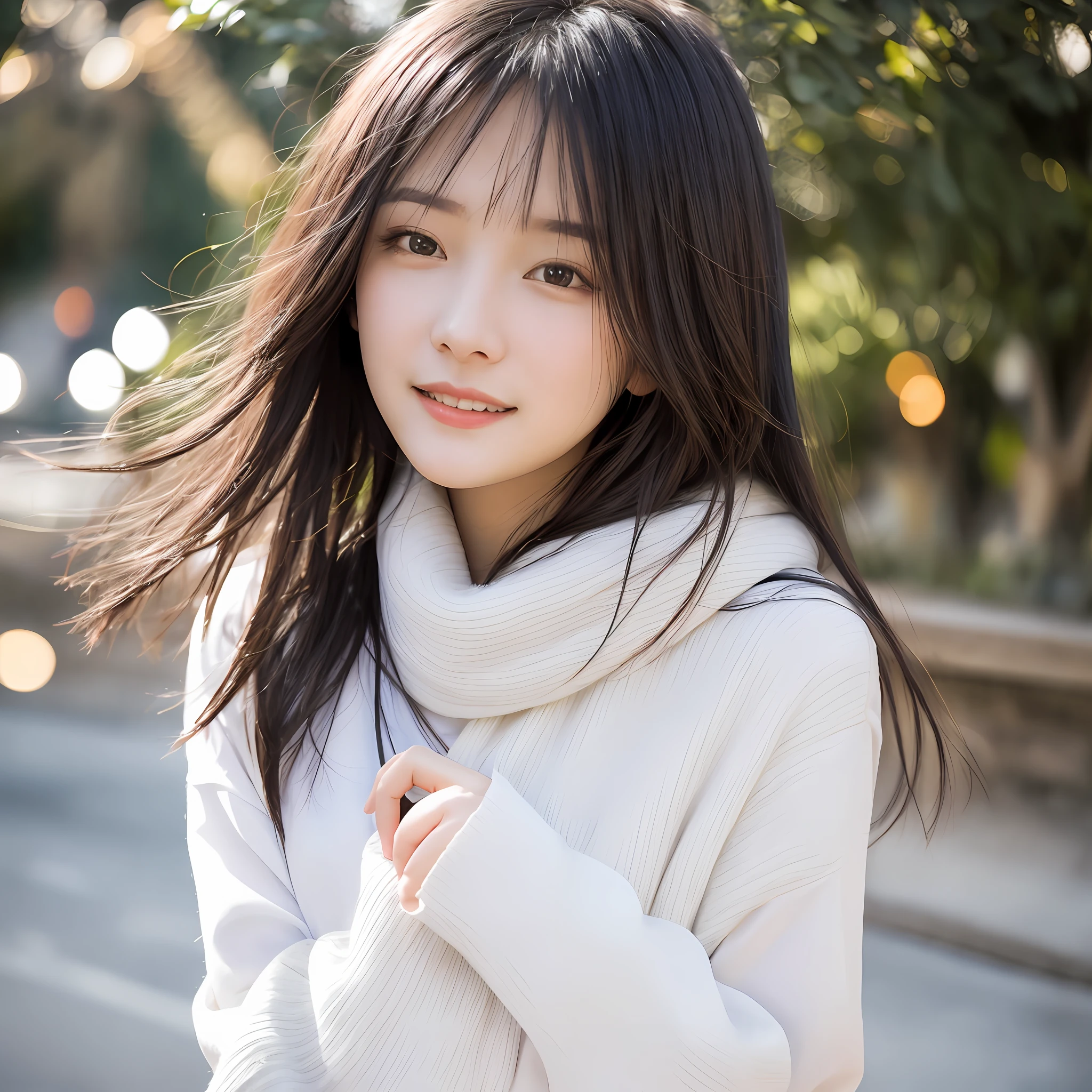 Stunning close-up portrait of a young and beautiful woman with RAW, analog style and impressive features. She should have long, flowing hair, a seductive gaze, and an attractive look. The background is neutral and simple, allowing the woman to be the focal point of the image. Pay attention to details, such as highlights and shadows on her face and hair, to create realistic and realistic images. Experiment with different lighting techniques to enhance the mood and atmosphere of your portrait. The final product should be a masterpiece that captures the essence and beauty of a woman ((very detailed skin, skin details)), Sharp Focus, Volumetric Fog, 8K, UHD, DSLR, High Quality, Film Grain, Fujifilm XT3, Long Sleeve Dress, Wool Dress, Dark Blue Floret Dress, Wearing a Woolen Coat, Short-Cut Hair, Tousled Hair, little smile, wind, antique street corner, north wind, dead leaves, fallen leaves, fallen leaves fluttering in the wind, cold, cold, street corner crowded with Christmas decorations, girl looking lonely alone, lights, orange city lights, warm lights, Christmas lights, blurred lights