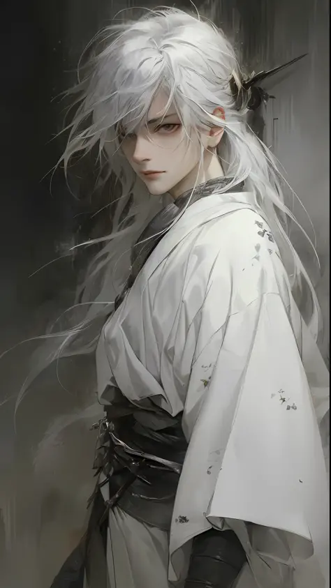 a close up of a person with white hair and a sword, white haired deity, with white long hair, with long white hair, artwork in t...