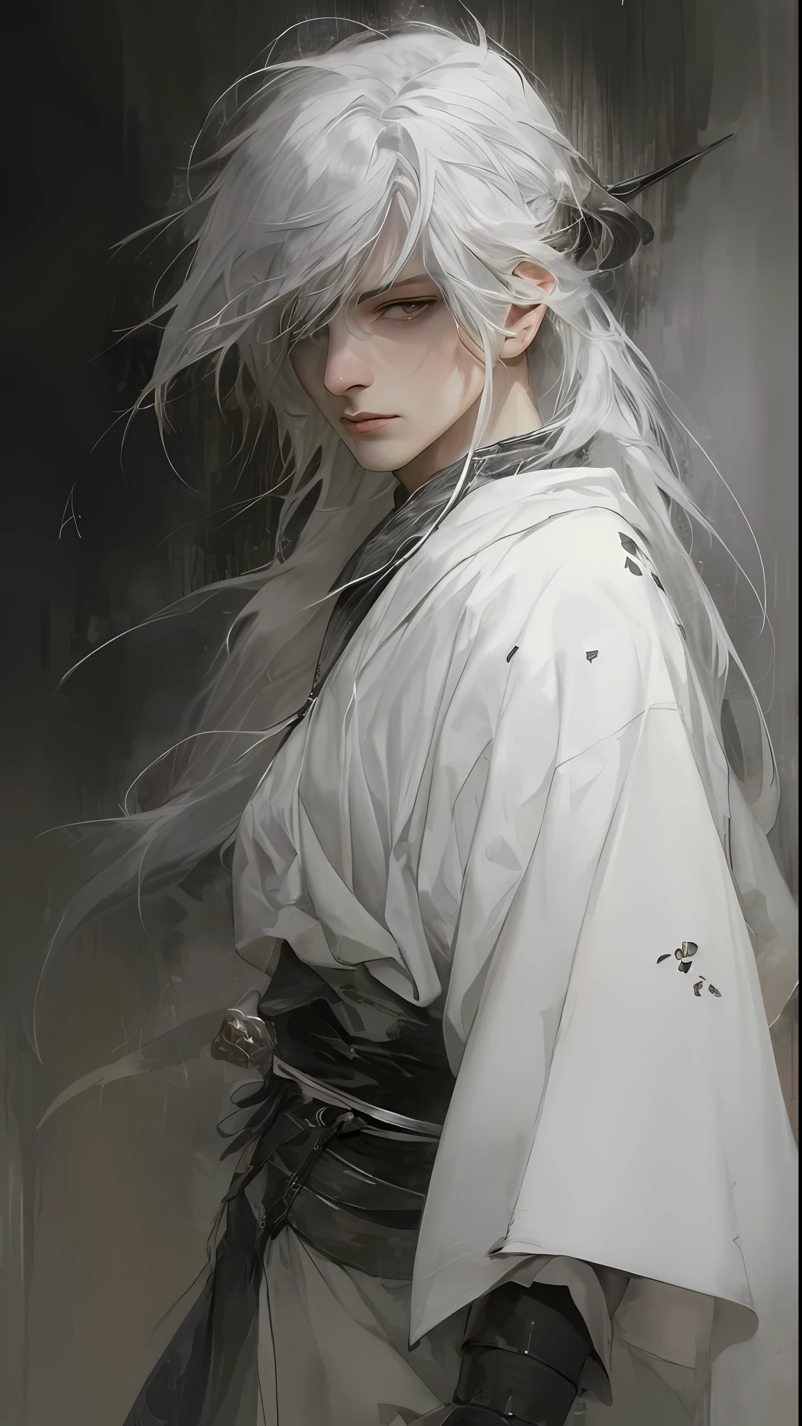 a close up of a person with white hair and a sword, white haired deity, with white long hair, with long white hair, artwork in the style of guweiz, white haired, guweiz, handsome guy in demon slayer art, beautiful character painting, by Yang J, white-haired, guweiz on pixiv artstation, anime character
