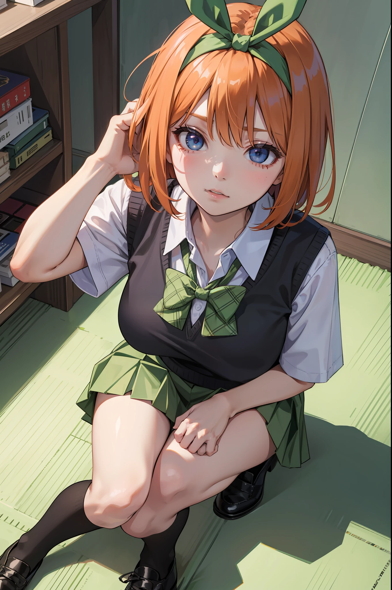 yotsubanakano, Yotsuba Nakano, Bangs, Short hair, Blue eyes, hair between eye, Hair Ribbon, shairband, Orange hair, Green Ribbon,
BREAK skirt, Shirt, Bow, bow ribbon, School uniform, White shirt, Short sleeves, Pleated skirt, shoes, sox, Collared shirt, Miniskirt, bowtie, Black footwear, knee high, Green skirt, Black socks, lowfers, green bow, Sweater Vest, Green Ribbon,,
Break indoors, crass room,
BREAK looking at viewer, BREAK (masutepiece:1.2), Best Quality, High resolution, Unity 8k壁纸, (Illustration:0.8), (Beautiful detailed eyes:1.6), extra detailed face, Perfect Lighting, extremely details CG, (Perfect hands, Perfect Anatomy),