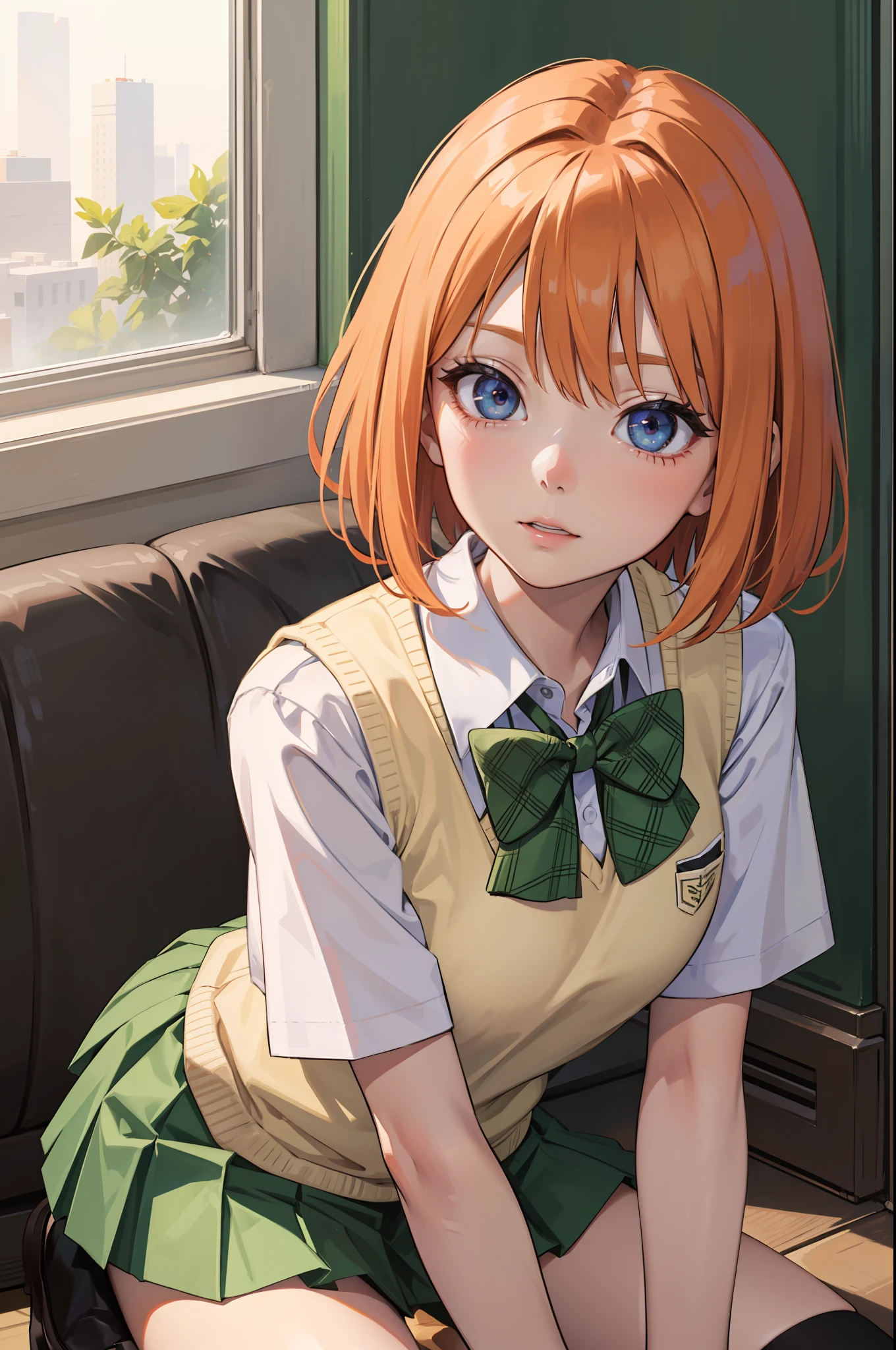 yotsubanakano, Yotsuba Nakano, Bangs, Short hair, Blue eyes, hair between eye, Hair Ribbon, shairband, Orange hair, Green Ribbon,
BREAK skirt, Shirt, Bow, bow ribbon, School uniform, White shirt, Short sleeves, Pleated skirt, shoes, sox, Collared shirt, Miniskirt, bowtie, Black footwear, knee high, Green skirt, Black socks, lowfers, green bow, Sweater Vest, Green Ribbon,,
Break indoors, crass room,
BREAK looking at viewer, BREAK (masutepiece:1.2), Best Quality, High resolution, Unity 8k壁纸, (Illustration:0.8), (Beautiful detailed eyes:1.6), extra detailed face, Perfect Lighting, extremely details CG, (Perfect hands, Perfect Anatomy),