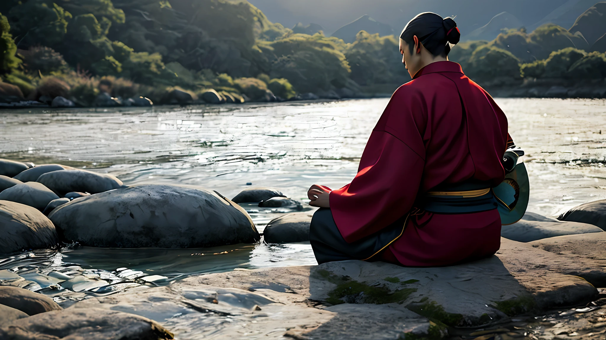 Beautiful samurai，Meditate and sit，By the river full of stones，Turn your back to me，late sunset，Ultra Realistic Photo，perfect  detail，Good skin texture，Perfect shadows and light，an award winning photograph