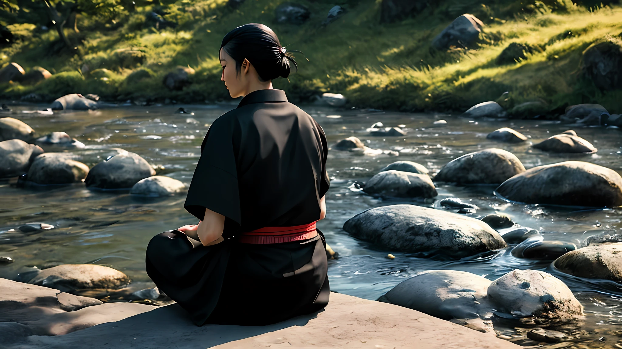 Beautiful samurai，Meditate and sit，By the river full of stones，Turn your back to me，late sunset，Ultra Realistic Photo，perfect  detail，Good skin texture，Perfect shadows and light，an award winning photograph