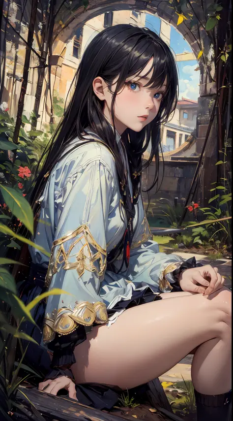 girl with, sitting on, sideshot, (skysky:1.3), (​masterpiece, top-quality, near and far law, depth of fields:1.5), florals, rock...