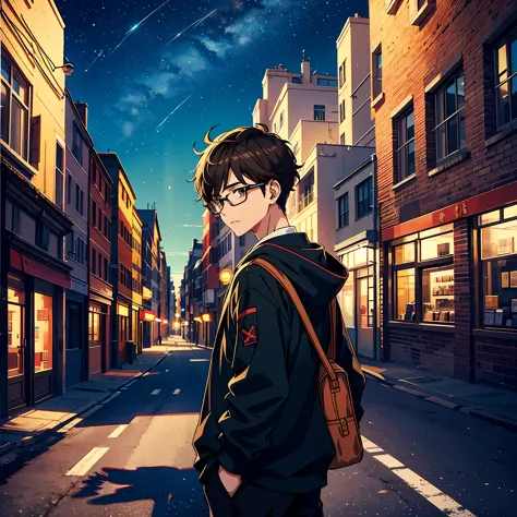 brunette color hair, style of anime, Boy with glasses, Earphone, nigh sky, Back Shadow --auto