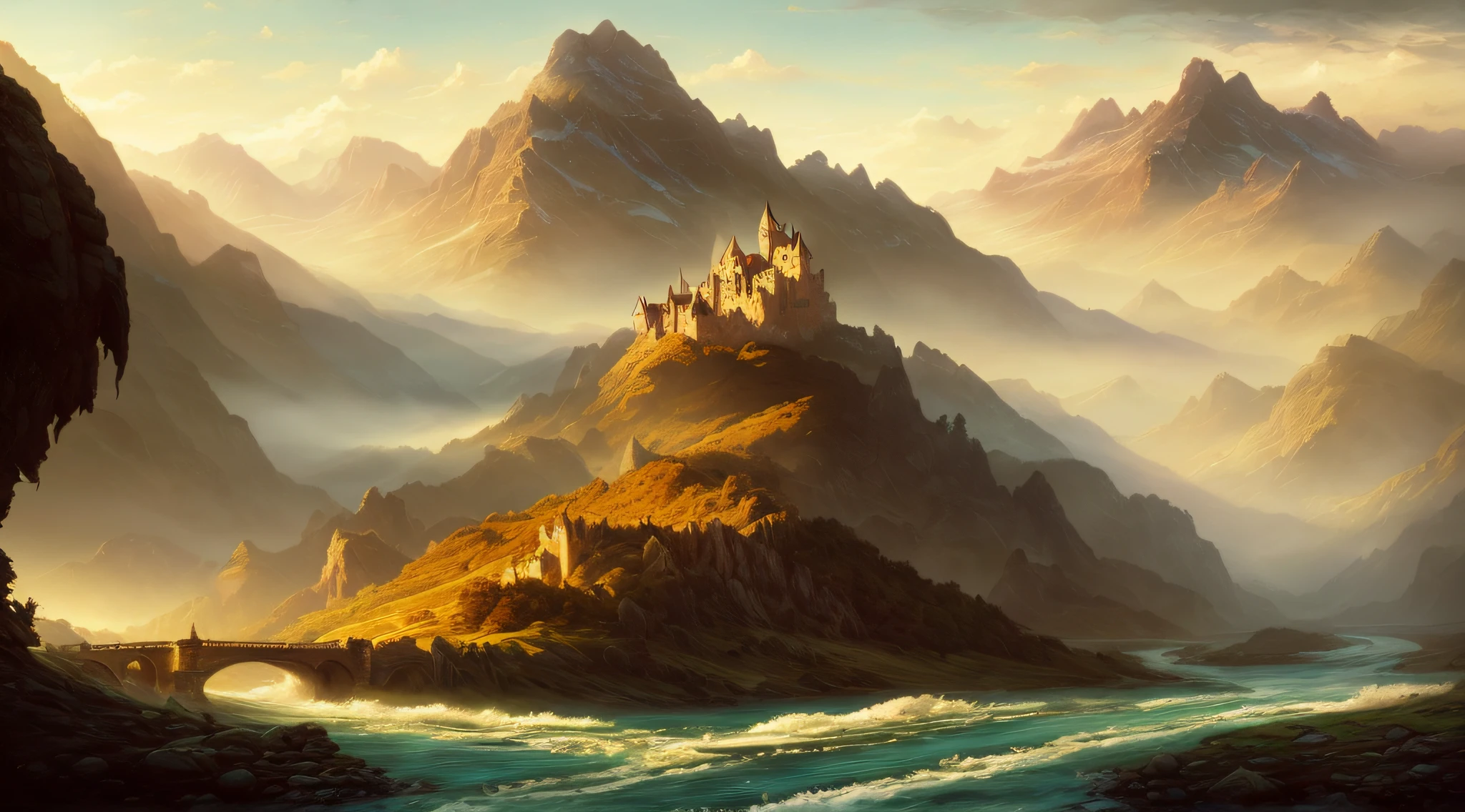 A painting of a castle on a mountain with a river in front of it ...