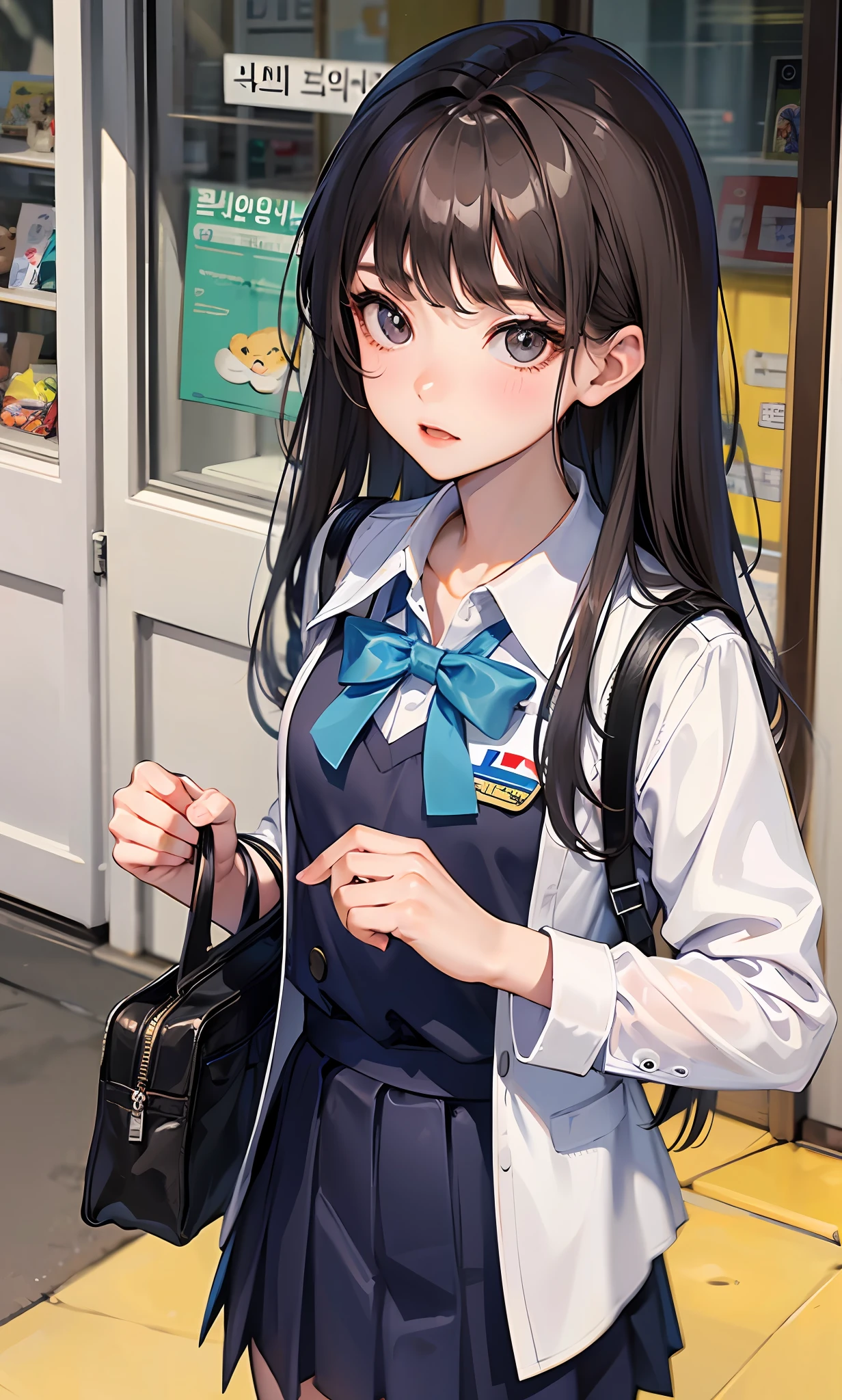 Anime girl in school uniform with backpack and purse walking down the  street - SeaArt AI