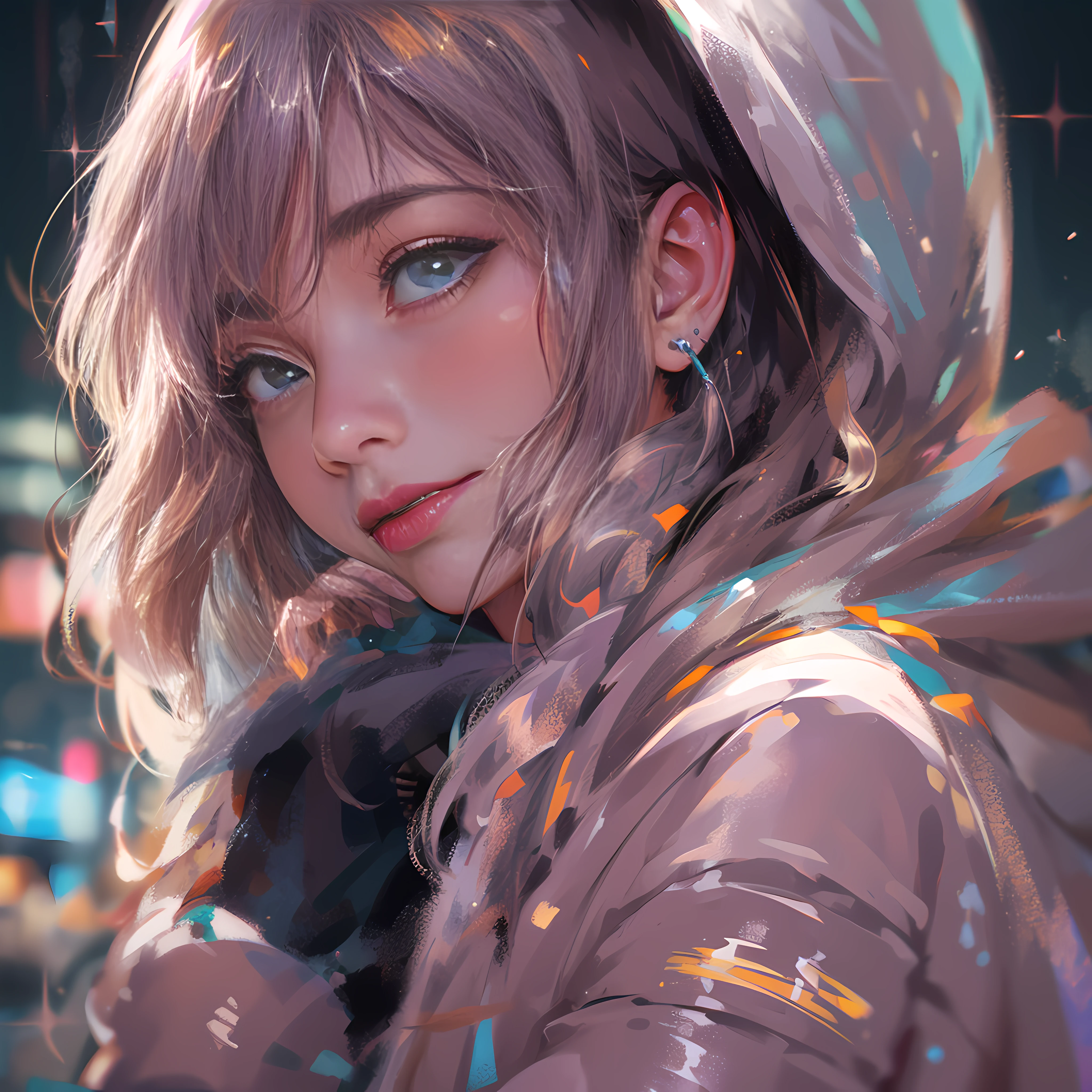 masterpiece, best quality, half body, portrait, night city, 1girl, anime, 3D, Japan, pixar, realistic, teen girl, smiling, cute face, harajuku fashion style, rain coat, beautiful, colourful, neon lights, cyberpunk, smooth skin, illustration, artstation, painting by stanley artgerm lau, sideways glance, foreshortening, extremely detailed 8K, smooth, high resolution, ultra quality, highly detail eyes, highly detail mouth, highly detailed face, perfect eyes, both eyes are the same, true light, glare, Iridescent, Global illumination, real hair movement, real light, real shadow, real face, hd, 2k, 4k, 8k, 16k, realistic light, realistic shadow, bright Eyes, fluorescent eyes, soft light, dream light