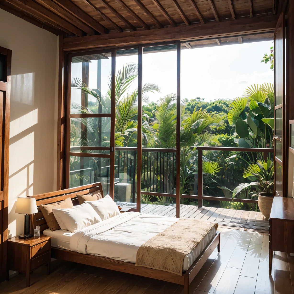 ，Masterpiece, Best quality，8K, 超高分辨率，In this Thai-style bedroom，You feel like you're in the middle of a tranquil tropical jungle。Logs, furniture and natural materials create nature、Warm atmosphere，It gives a feeling of relaxation and comfort。Soft duvet on the bed，Enjoy a nightly sleep like a five-star resort。The room exudes a faint aroma，Make you feel like you are on the shores of a coconut grove in Thailand，Immerse yourself in a beautiful life of peace and harmony。