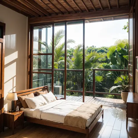 ，Masterpiece, Best quality，8K, 超高分辨率，In this Thai-style bedroom，You feel like you're in the middle of a tranquil tropical jungle...