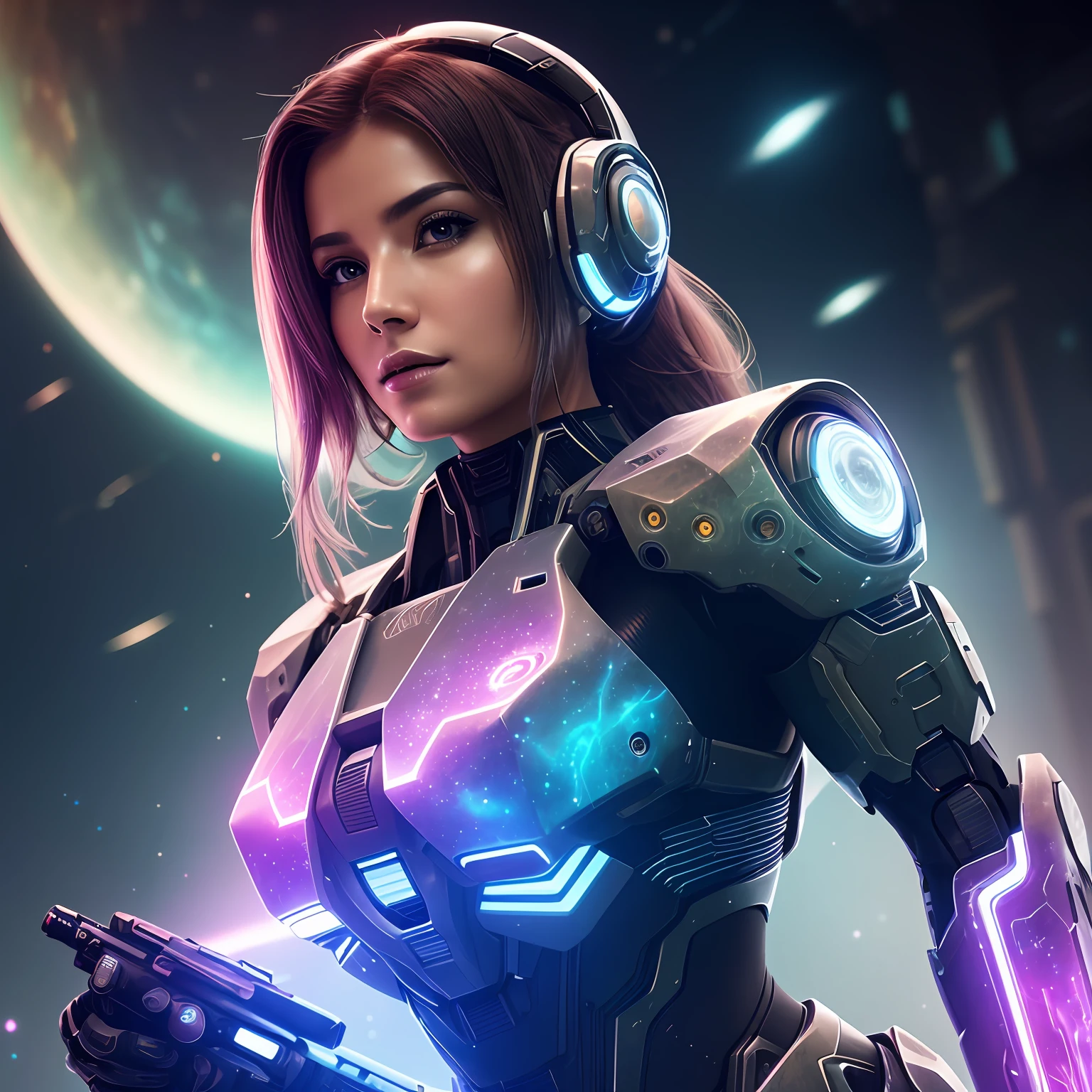 an award winning photograph of a beautiful woman, halo, intricate cyberpunk robot, highly detailed, soft bokeh Deep space nebula background, art by moon crypto wow and popular science --auto